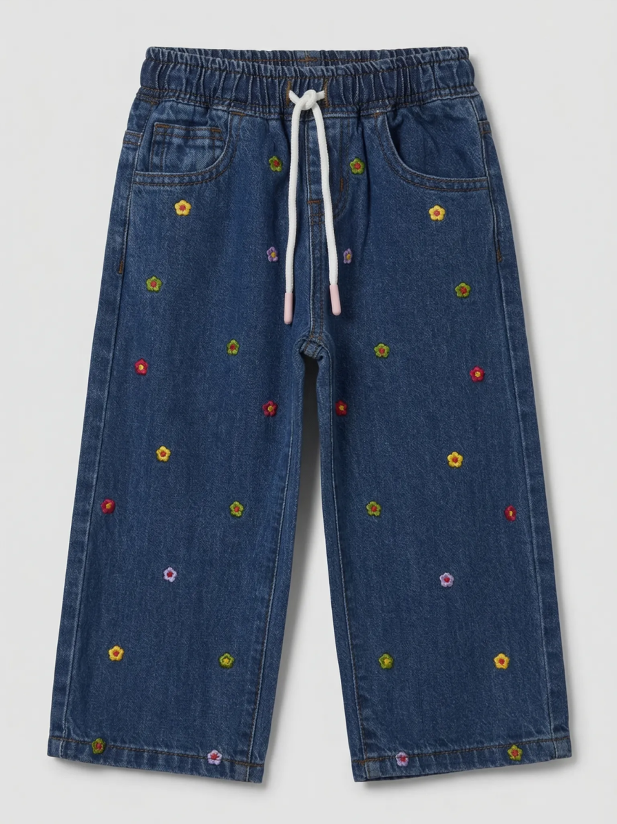 Blue multicolor flower embroidered jeans for girls by Level Apparels Pakistan