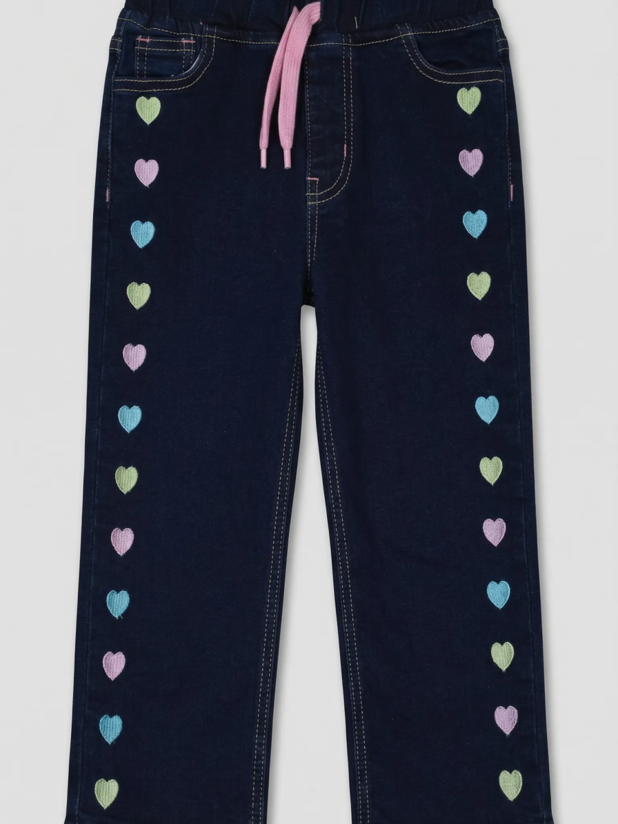 Navy colourful heart embroidered jeans for girls by Level Apparels Pakistan