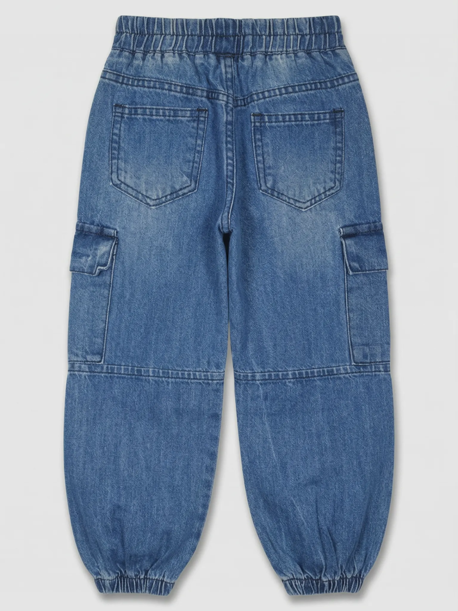 Light blue baggy cargo jeans for girls by Level Apparels Pakistan