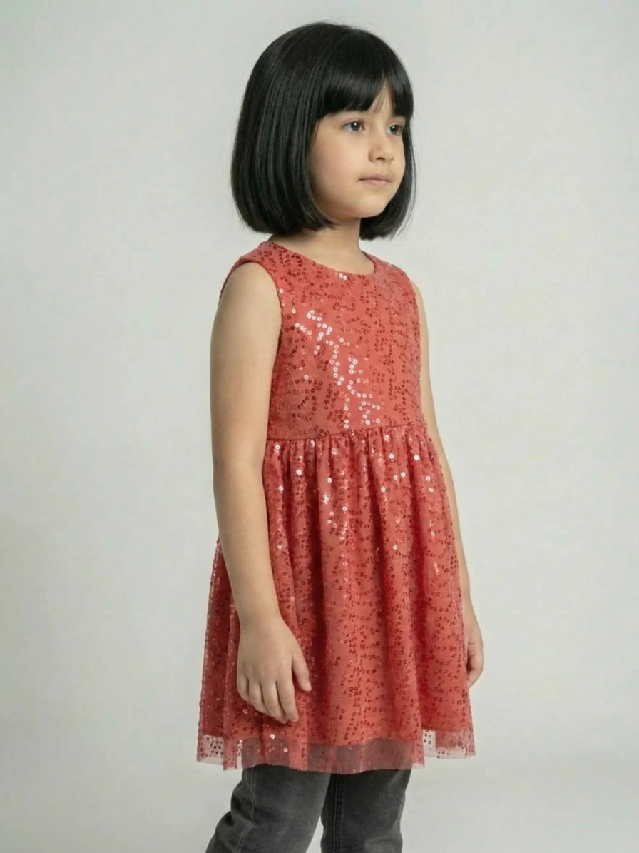 Coral sequin net frock for girls by Level Apparels Pakistan