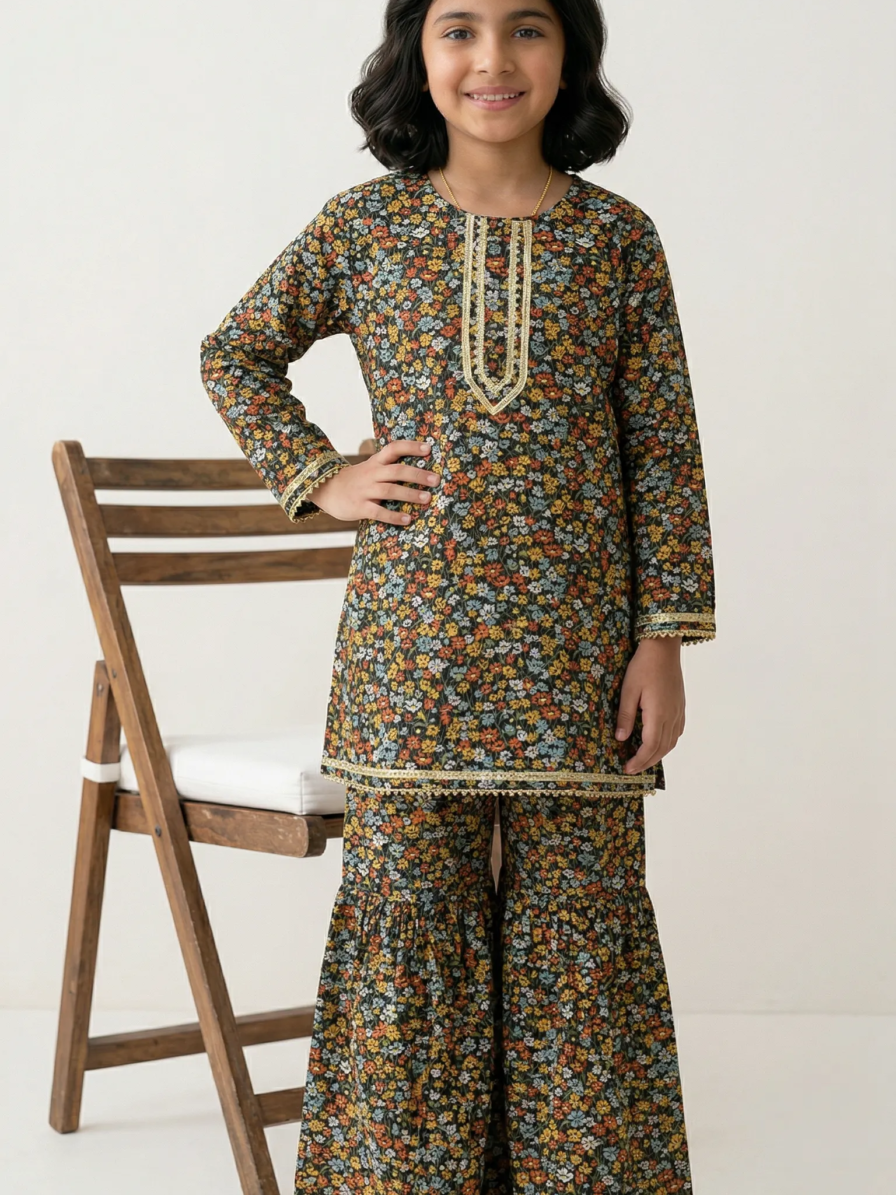 Floral print kurta palazzo for girls by Level Apparels Pakistan