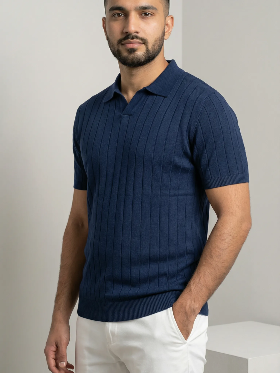 Navy wide ribbed polo shirt for men by Level Apparels Pakistan