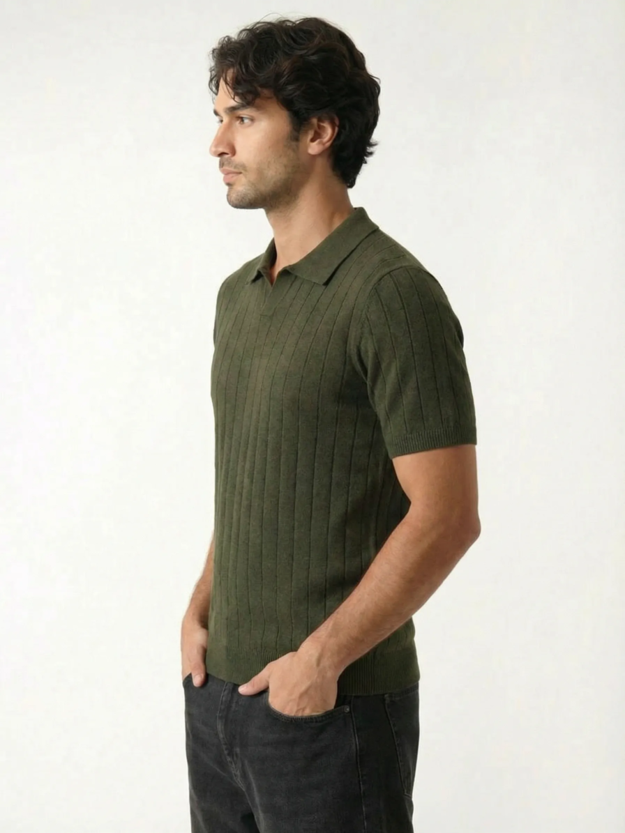 Olive ribbed button polo shirt for men by Level Apparels Pakistan